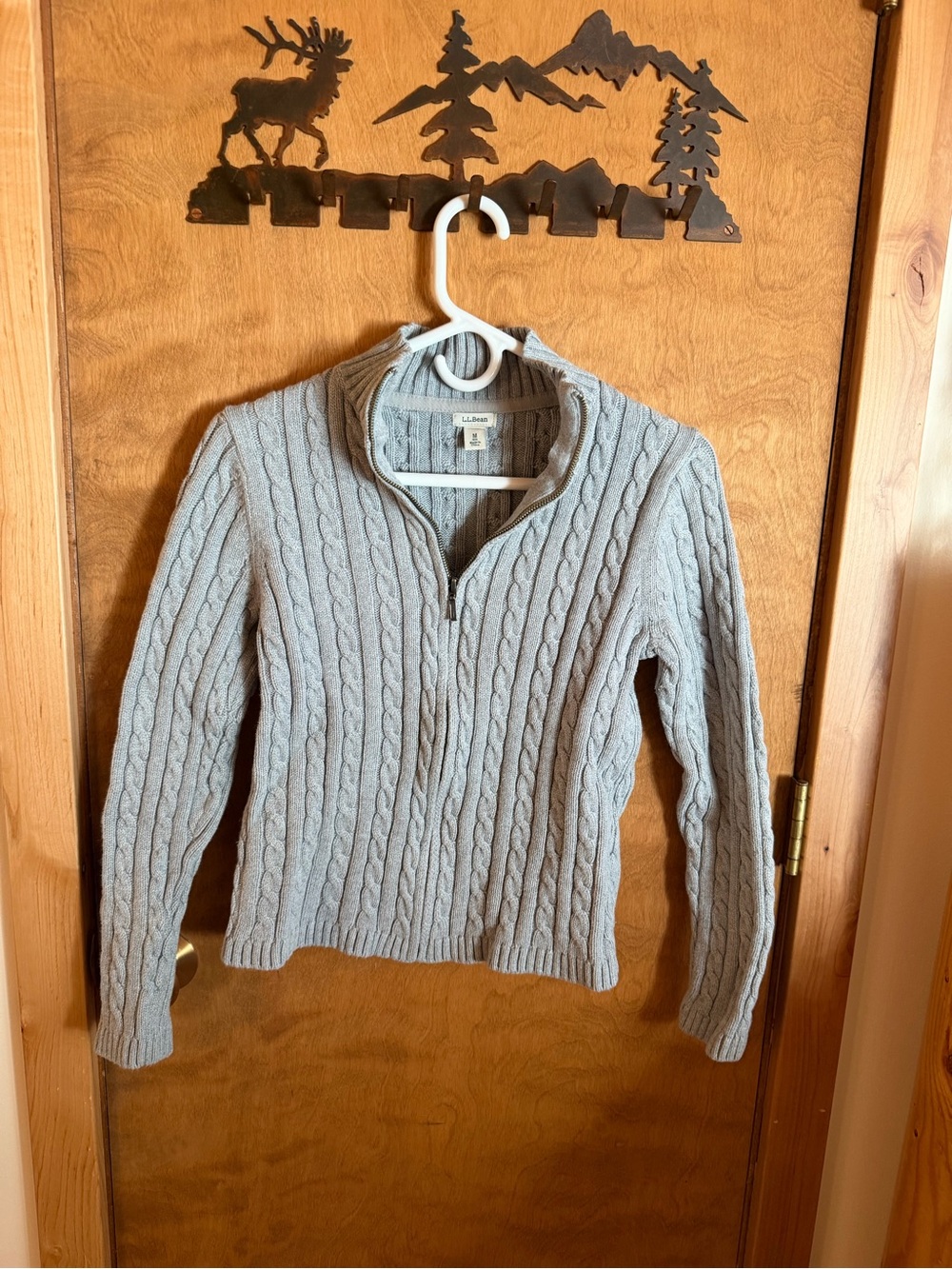 L.L. Bean Women's Light Gray Cable-Knit Half-Zip Sweater